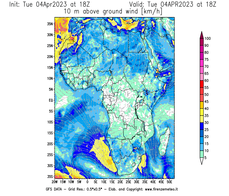 GFS analysi map - Wind Speed at 10 m above ground [km/h] in Africa
									on 04/04/2023 18 <!--googleoff: index-->UTC<!--googleon: index-->