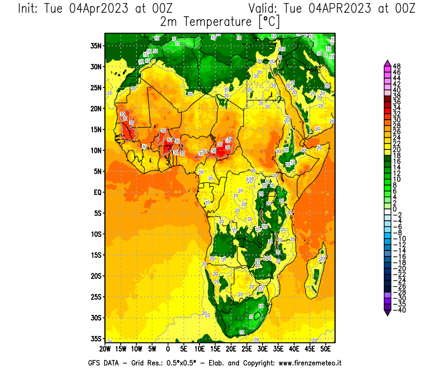 Mappa di analisi GFS - Temperatura a 2 metri dal suolo [°C] in Africa
							del 04/04/2023 00 <!--googleoff: index-->UTC<!--googleon: index-->