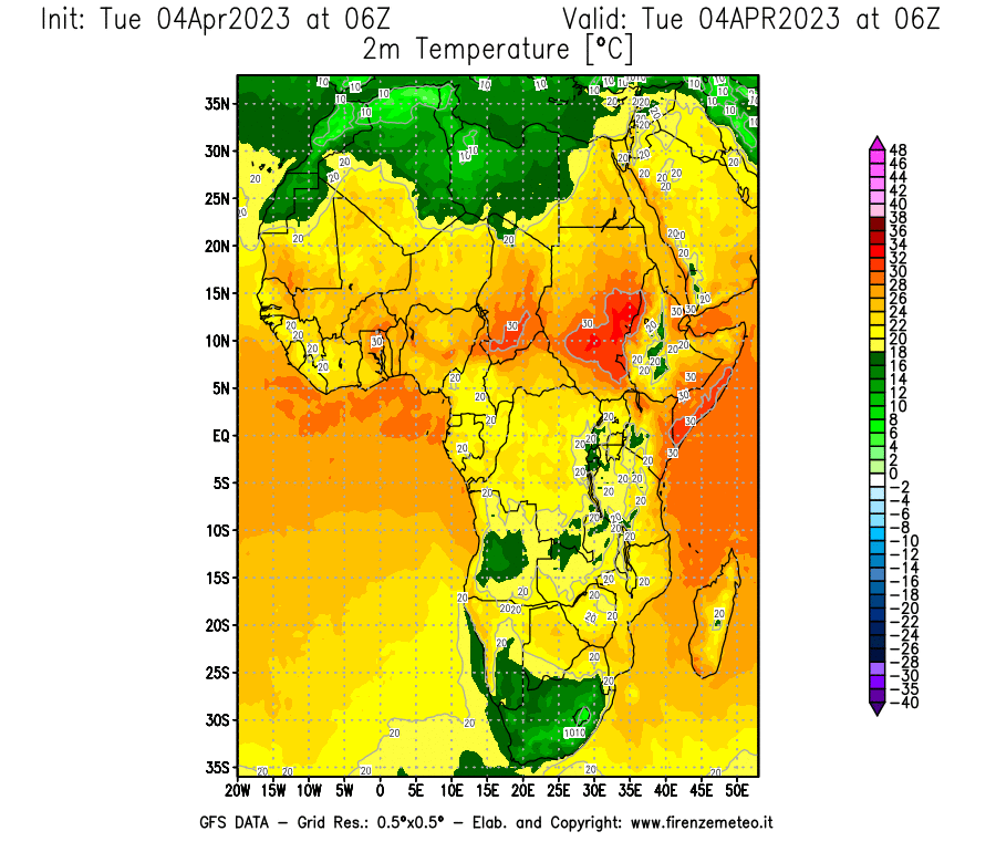GFS analysi map - Temperature at 2 m above ground [°C] in Africa
									on 04/04/2023 06 <!--googleoff: index-->UTC<!--googleon: index-->