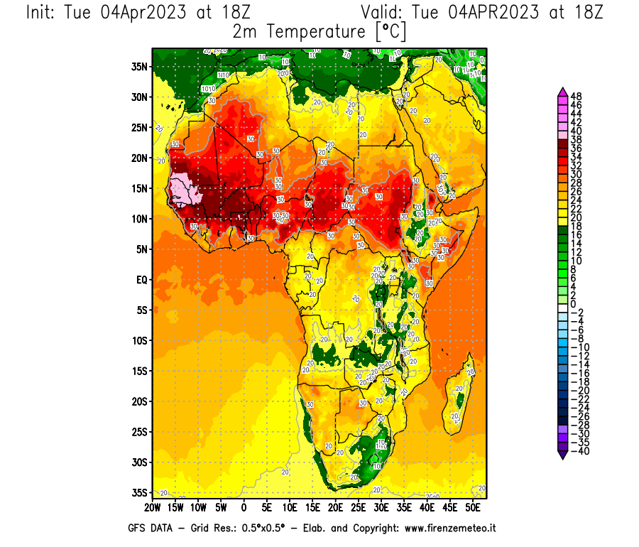 Mappa di analisi GFS - Temperatura a 2 metri dal suolo [°C] in Africa
							del 04/04/2023 18 <!--googleoff: index-->UTC<!--googleon: index-->