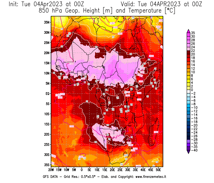 GFS analysi map - Geopotential [m] and Temperature [°C] at 850 hPa in Africa
									on 04/04/2023 00 <!--googleoff: index-->UTC<!--googleon: index-->