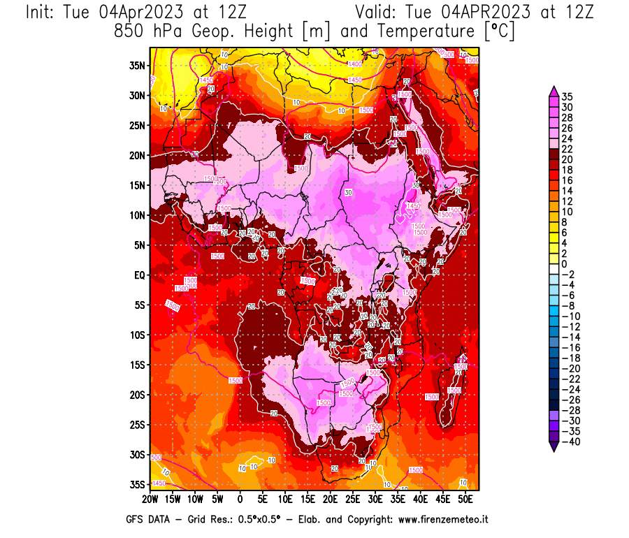GFS analysi map - Geopotential [m] and Temperature [°C] at 850 hPa in Africa
									on 04/04/2023 12 <!--googleoff: index-->UTC<!--googleon: index-->