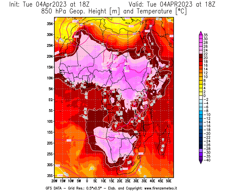 GFS analysi map - Geopotential [m] and Temperature [°C] at 850 hPa in Africa
									on 04/04/2023 18 <!--googleoff: index-->UTC<!--googleon: index-->