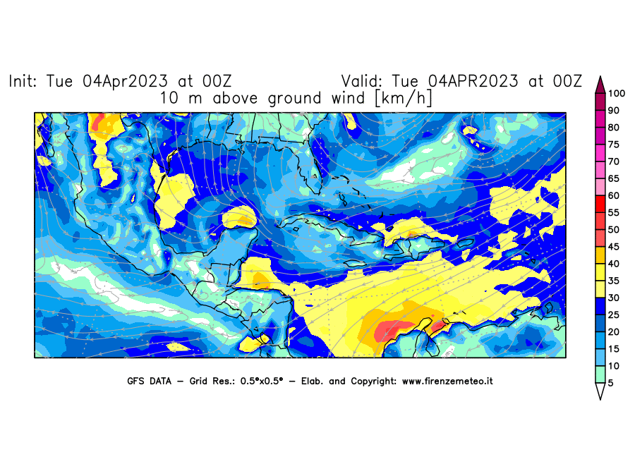 Mappa di analisi GFS - Velocità del vento a 10 metri dal suolo [km/h] in Centro-America
							del 04/04/2023 00 <!--googleoff: index-->UTC<!--googleon: index-->