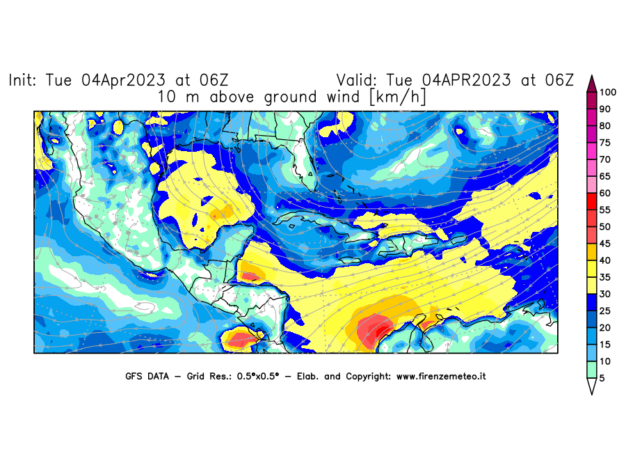 Mappa di analisi GFS - Velocità del vento a 10 metri dal suolo [km/h] in Centro-America
							del 04/04/2023 06 <!--googleoff: index-->UTC<!--googleon: index-->