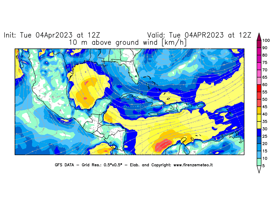 Mappa di analisi GFS - Velocità del vento a 10 metri dal suolo [km/h] in Centro-America
							del 04/04/2023 12 <!--googleoff: index-->UTC<!--googleon: index-->