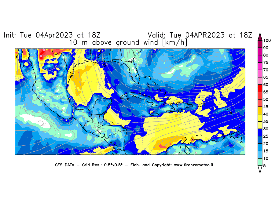Mappa di analisi GFS - Velocità del vento a 10 metri dal suolo [km/h] in Centro-America
							del 04/04/2023 18 <!--googleoff: index-->UTC<!--googleon: index-->