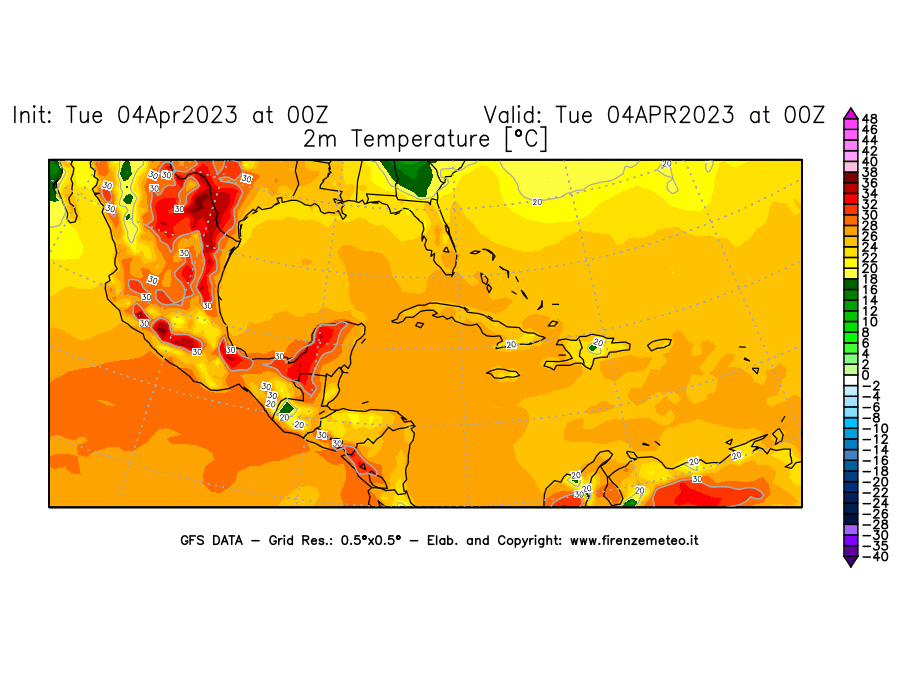 GFS analysi map - Temperature at 2 m above ground [°C] in Central America
									on 04/04/2023 00 <!--googleoff: index-->UTC<!--googleon: index-->
