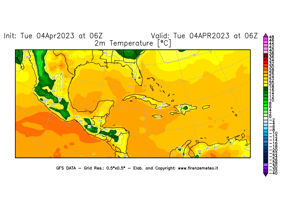 Mappa di analisi GFS - Temperatura a 2 metri dal suolo [°C] in Centro-America
							del 04/04/2023 06 <!--googleoff: index-->UTC<!--googleon: index-->