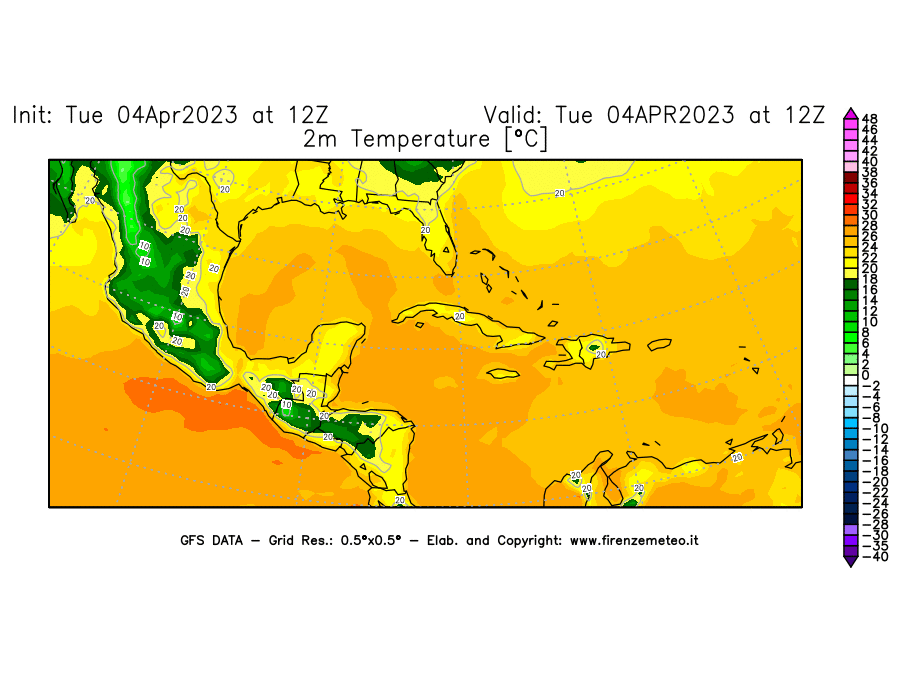 Mappa di analisi GFS - Temperatura a 2 metri dal suolo [°C] in Centro-America
							del 04/04/2023 12 <!--googleoff: index-->UTC<!--googleon: index-->
