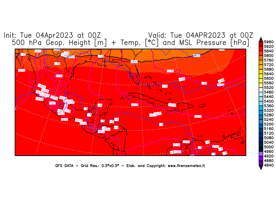 Mappa di analisi GFS - Geopotenziale [m] + Temp. [°C] a 500 hPa + Press. a livello del mare [hPa] in Centro-America
							del 04/04/2023 00 <!--googleoff: index-->UTC<!--googleon: index-->