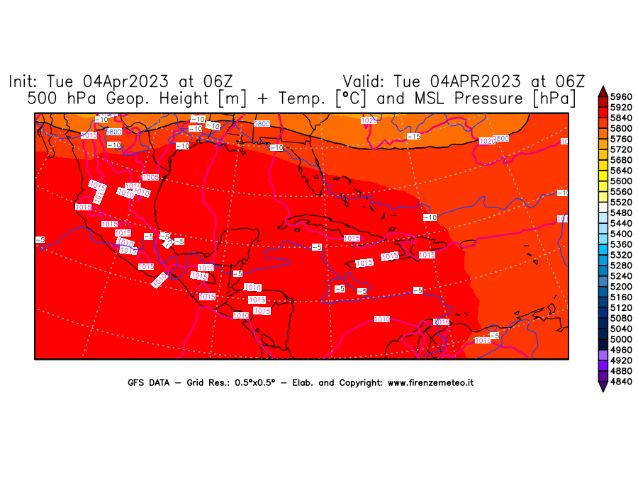 Mappa di analisi GFS - Geopotenziale [m] + Temp. [°C] a 500 hPa + Press. a livello del mare [hPa] in Centro-America
							del 04/04/2023 06 <!--googleoff: index-->UTC<!--googleon: index-->