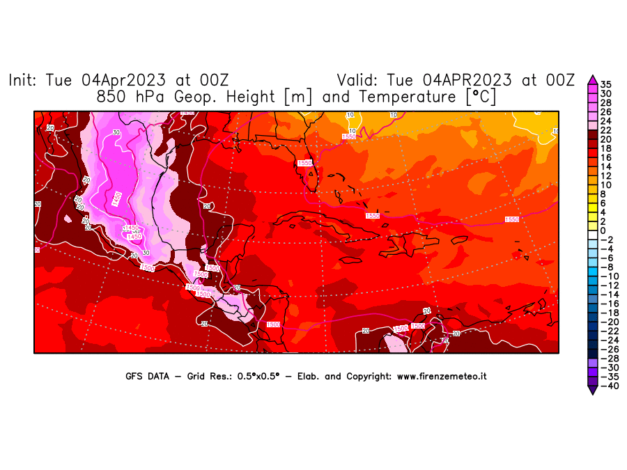 GFS analysi map - Geopotential [m] and Temperature [°C] at 850 hPa in Central America
									on 04/04/2023 00 <!--googleoff: index-->UTC<!--googleon: index-->