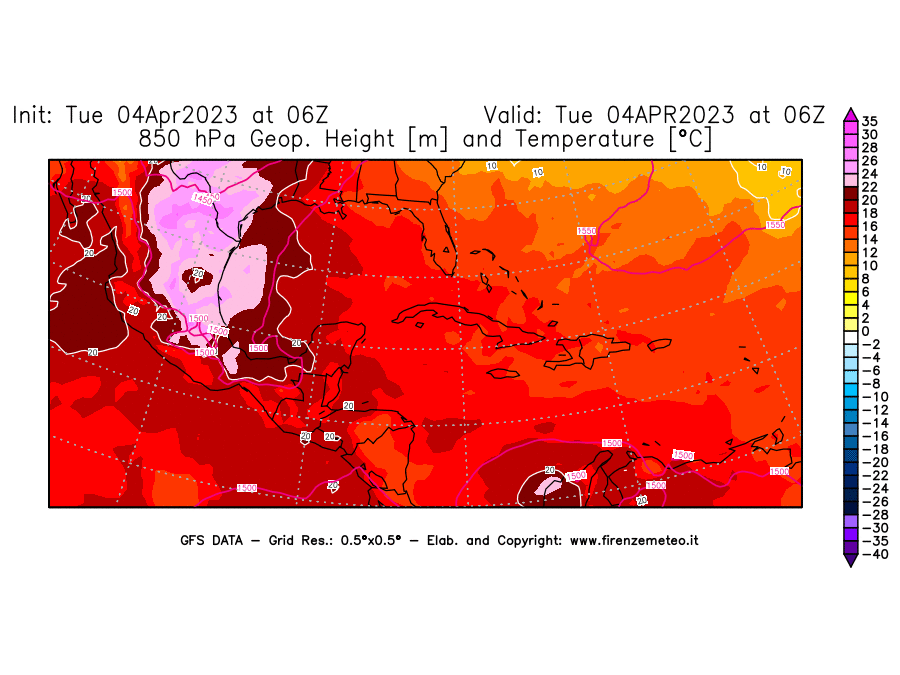 GFS analysi map - Geopotential [m] and Temperature [°C] at 850 hPa in Central America
									on 04/04/2023 06 <!--googleoff: index-->UTC<!--googleon: index-->