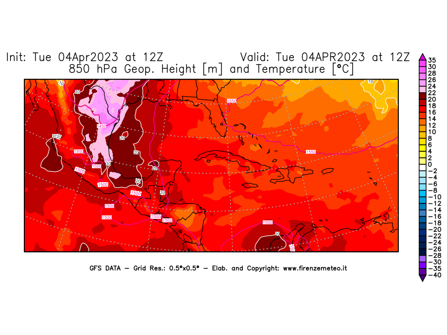 GFS analysi map - Geopotential [m] and Temperature [°C] at 850 hPa in Central America
									on 04/04/2023 12 <!--googleoff: index-->UTC<!--googleon: index-->
