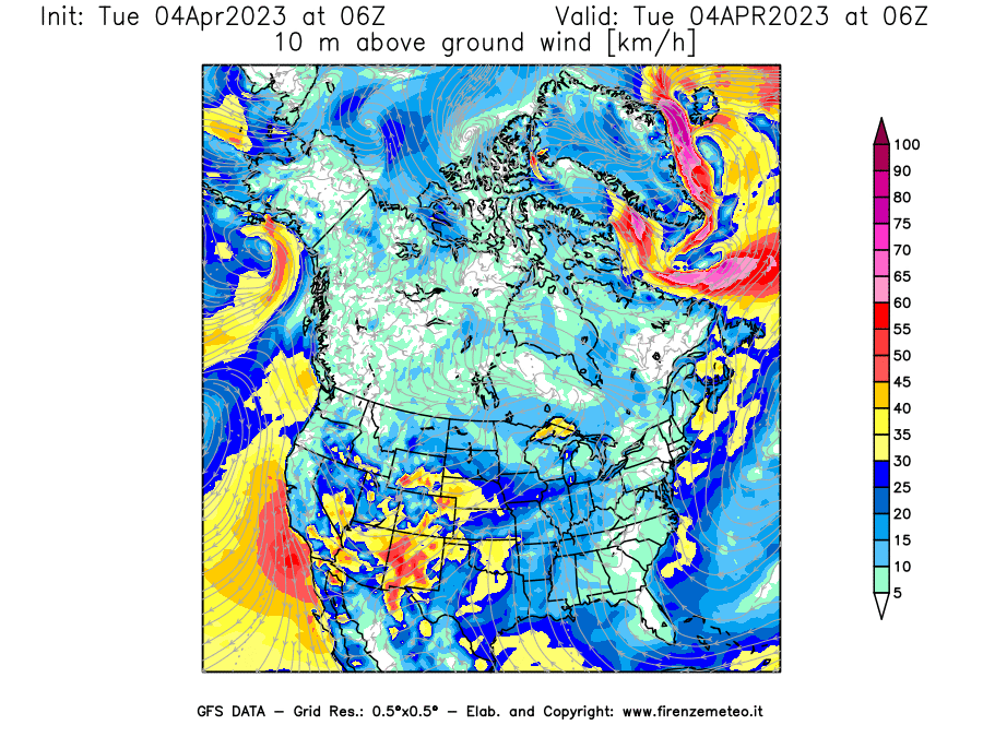 GFS analysi map - Wind Speed at 10 m above ground [km/h] in North America
									on 04/04/2023 06 <!--googleoff: index-->UTC<!--googleon: index-->