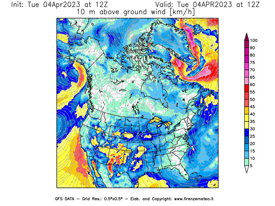 Mappa di analisi GFS - Velocità del vento a 10 metri dal suolo [km/h] in Nord-America
							del 04/04/2023 12 <!--googleoff: index-->UTC<!--googleon: index-->