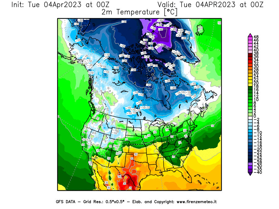 GFS analysi map - Temperature at 2 m above ground [°C] in North America
									on 04/04/2023 00 <!--googleoff: index-->UTC<!--googleon: index-->