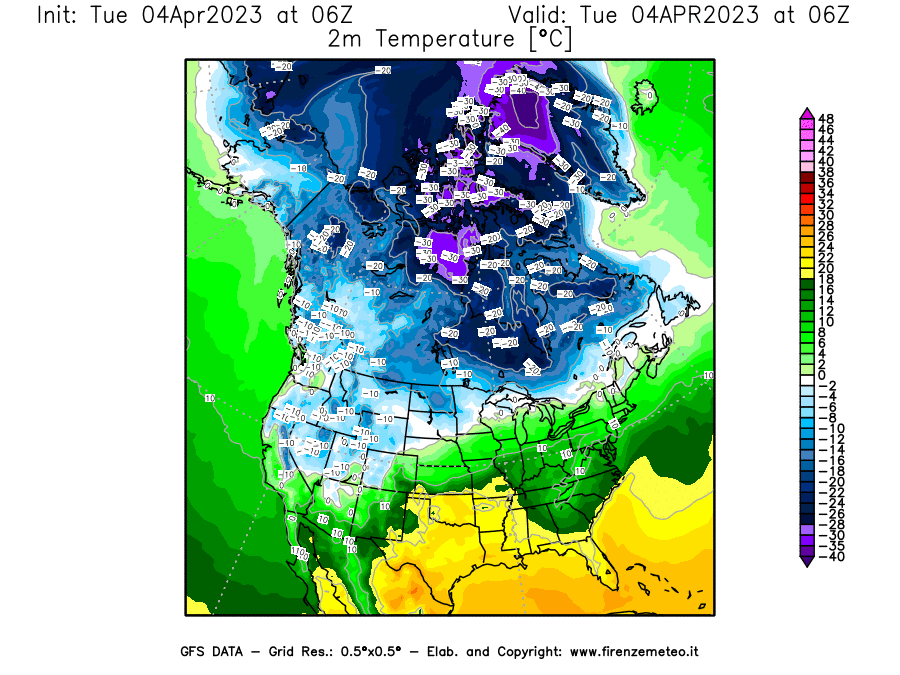 GFS analysi map - Temperature at 2 m above ground [°C] in North America
									on 04/04/2023 06 <!--googleoff: index-->UTC<!--googleon: index-->