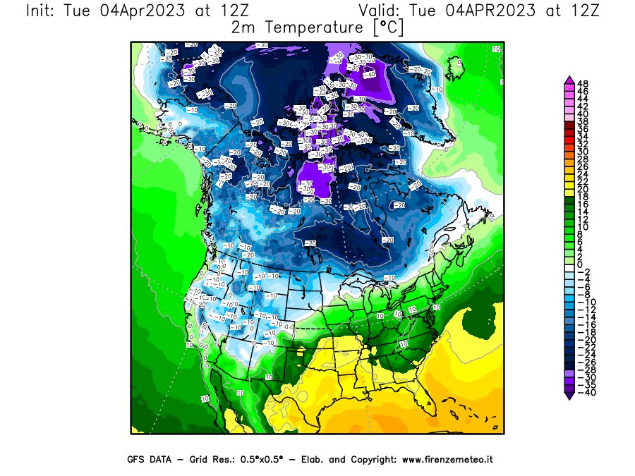 GFS analysi map - Temperature at 2 m above ground [°C] in North America
									on 04/04/2023 12 <!--googleoff: index-->UTC<!--googleon: index-->
