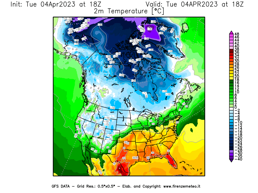 Mappa di analisi GFS - Temperatura a 2 metri dal suolo [°C] in Nord-America
							del 04/04/2023 18 <!--googleoff: index-->UTC<!--googleon: index-->