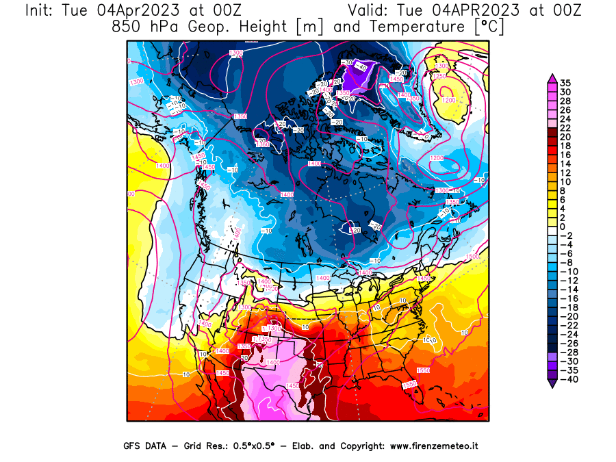 GFS analysi map - Geopotential [m] and Temperature [°C] at 850 hPa in North America
									on 04/04/2023 00 <!--googleoff: index-->UTC<!--googleon: index-->