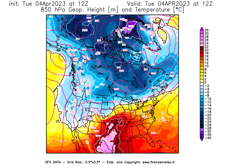 GFS analysi map - Geopotential [m] and Temperature [°C] at 850 hPa in North America
									on 04/04/2023 12 <!--googleoff: index-->UTC<!--googleon: index-->