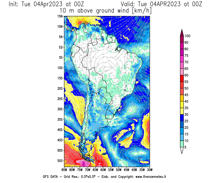 Mappa di analisi GFS - Velocità del vento a 10 metri dal suolo [km/h] in Sud-America
							del 04/04/2023 00 <!--googleoff: index-->UTC<!--googleon: index-->