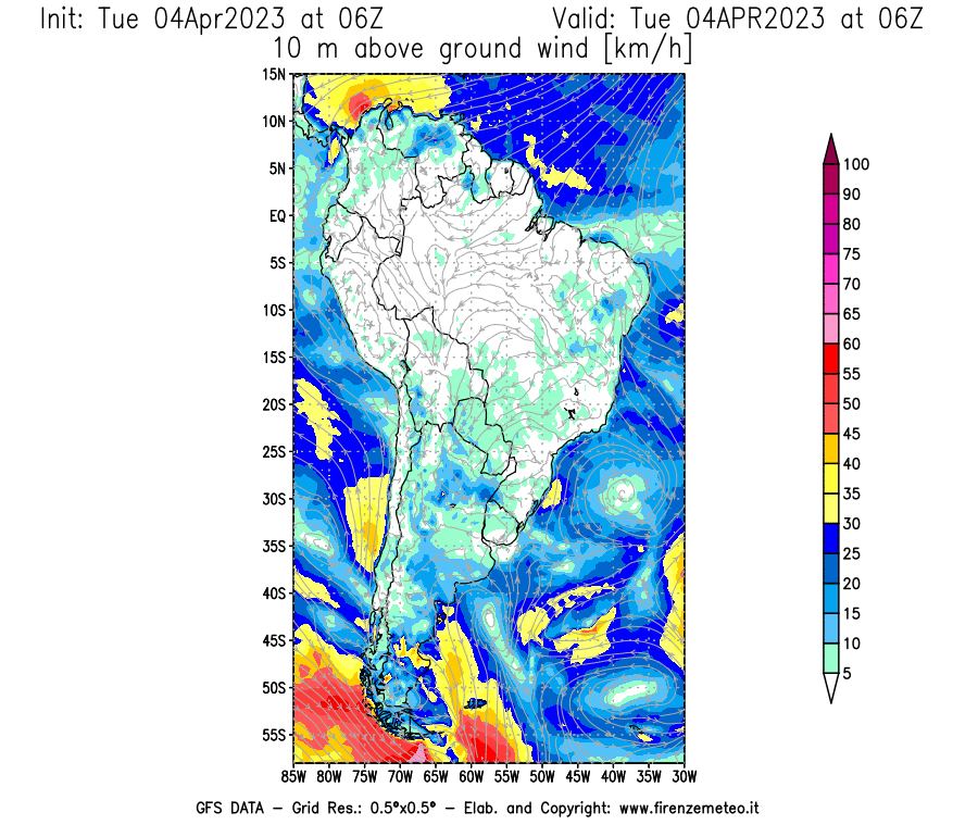 Mappa di analisi GFS - Velocità del vento a 10 metri dal suolo [km/h] in Sud-America
							del 04/04/2023 06 <!--googleoff: index-->UTC<!--googleon: index-->