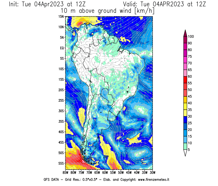 Mappa di analisi GFS - Velocità del vento a 10 metri dal suolo [km/h] in Sud-America
							del 04/04/2023 12 <!--googleoff: index-->UTC<!--googleon: index-->