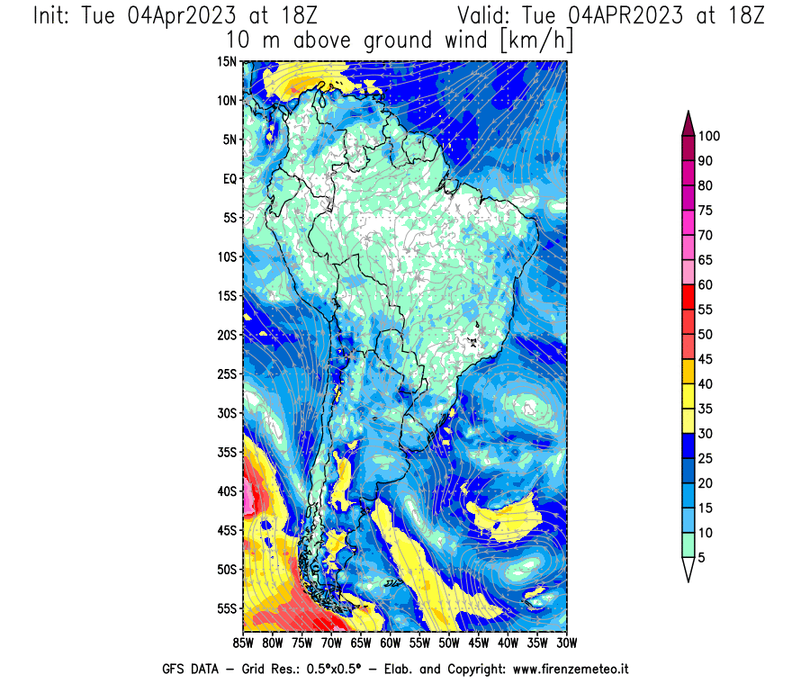 Mappa di analisi GFS - Velocità del vento a 10 metri dal suolo [km/h] in Sud-America
							del 04/04/2023 18 <!--googleoff: index-->UTC<!--googleon: index-->