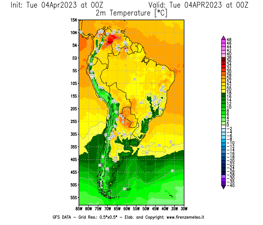 GFS analysi map - Temperature at 2 m above ground [°C] in South America
									on 04/04/2023 00 <!--googleoff: index-->UTC<!--googleon: index-->