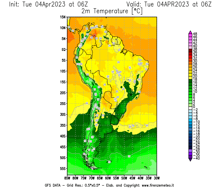 Mappa di analisi GFS - Temperatura a 2 metri dal suolo [°C] in Sud-America
							del 04/04/2023 06 <!--googleoff: index-->UTC<!--googleon: index-->