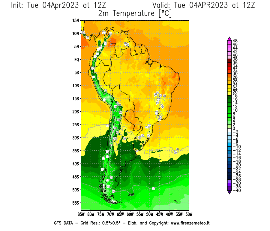 Mappa di analisi GFS - Temperatura a 2 metri dal suolo [°C] in Sud-America
							del 04/04/2023 12 <!--googleoff: index-->UTC<!--googleon: index-->