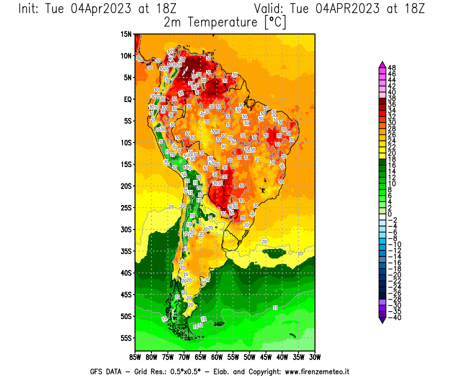 GFS analysi map - Temperature at 2 m above ground [°C] in South America
									on 04/04/2023 18 <!--googleoff: index-->UTC<!--googleon: index-->