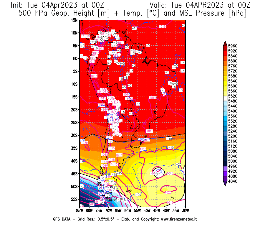 Mappa di analisi GFS - Geopotenziale [m] + Temp. [°C] a 500 hPa + Press. a livello del mare [hPa] in Sud-America
							del 04/04/2023 00 <!--googleoff: index-->UTC<!--googleon: index-->