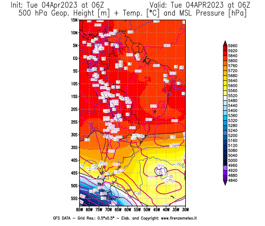 Mappa di analisi GFS - Geopotenziale [m] + Temp. [°C] a 500 hPa + Press. a livello del mare [hPa] in Sud-America
							del 04/04/2023 06 <!--googleoff: index-->UTC<!--googleon: index-->