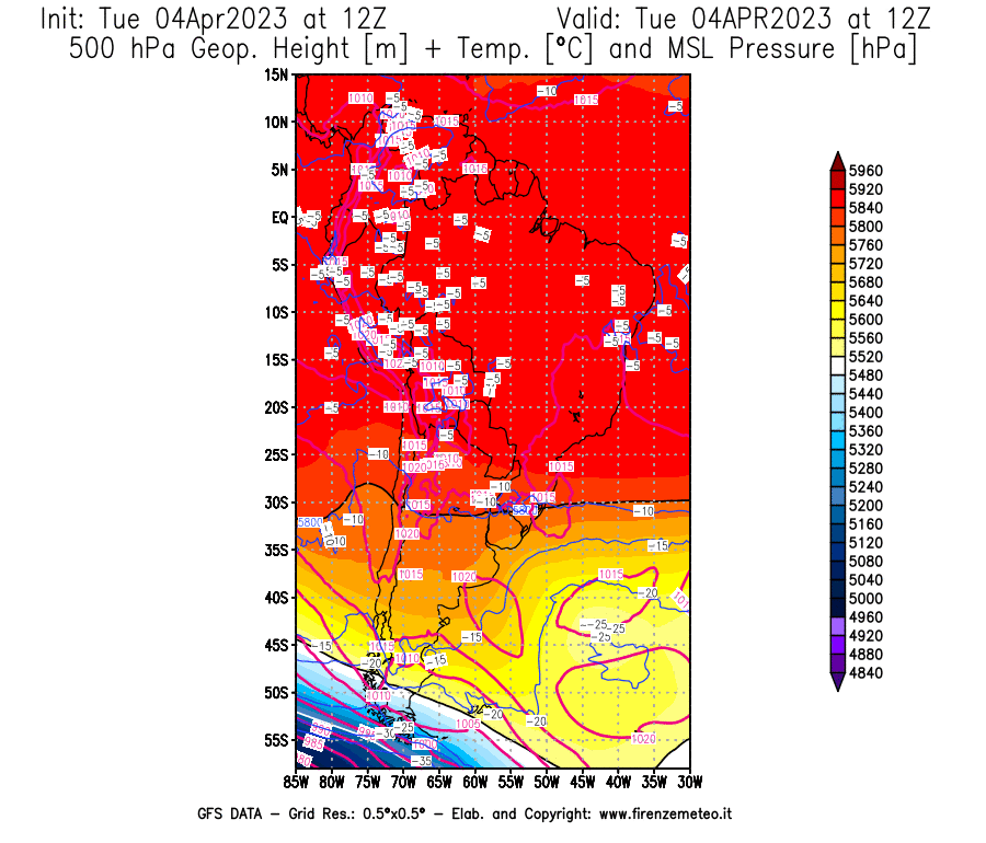Mappa di analisi GFS - Geopotenziale [m] + Temp. [°C] a 500 hPa + Press. a livello del mare [hPa] in Sud-America
							del 04/04/2023 12 <!--googleoff: index-->UTC<!--googleon: index-->