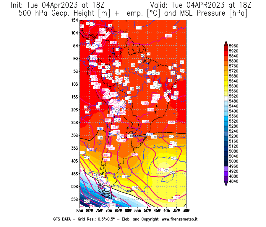 GFS analysi map - Geopotential [m] + Temp. [°C] at 500 hPa + Sea Level Pressure [hPa] in South America
									on 04/04/2023 18 <!--googleoff: index-->UTC<!--googleon: index-->