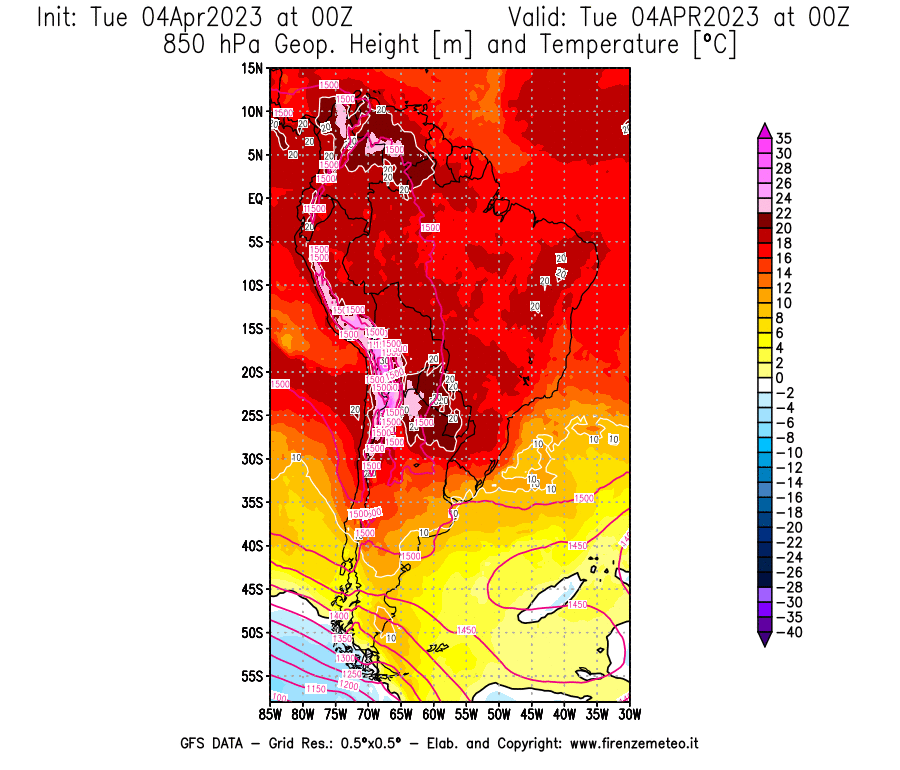 Mappa di analisi GFS - Geopotenziale [m] e Temperatura [°C] a 850 hPa in Sud-America
							del 04/04/2023 00 <!--googleoff: index-->UTC<!--googleon: index-->