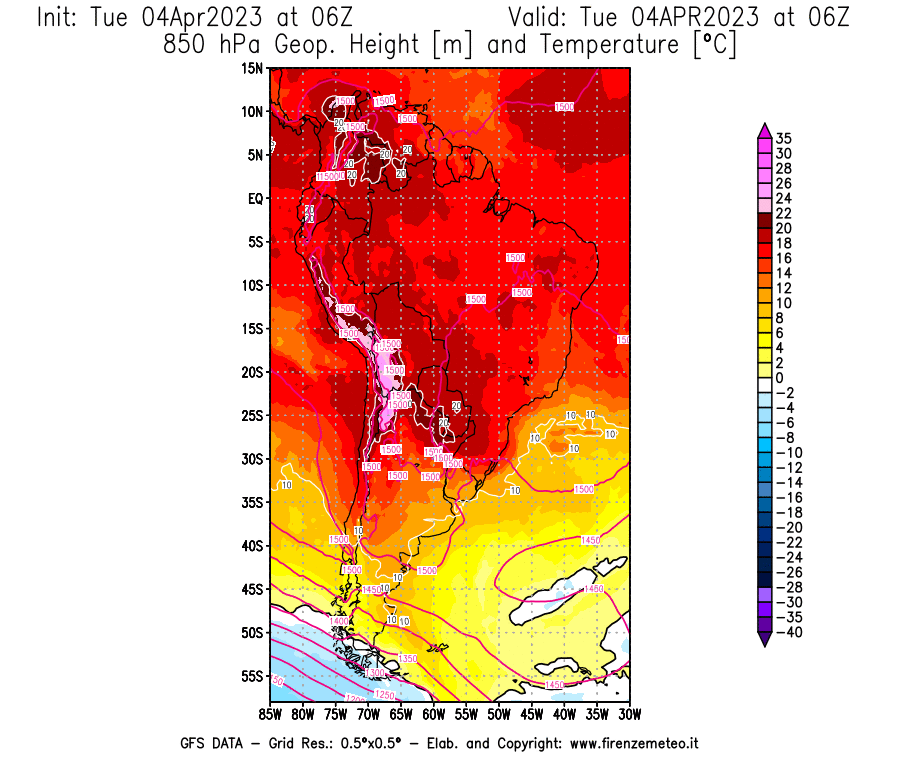 Mappa di analisi GFS - Geopotenziale [m] e Temperatura [°C] a 850 hPa in Sud-America
							del 04/04/2023 06 <!--googleoff: index-->UTC<!--googleon: index-->