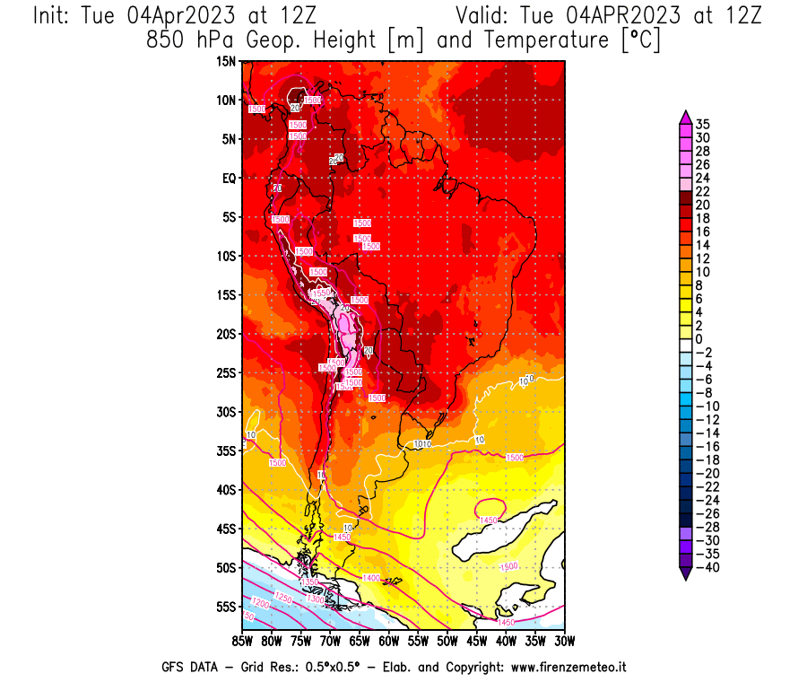 Mappa di analisi GFS - Geopotenziale [m] e Temperatura [°C] a 850 hPa in Sud-America
							del 04/04/2023 12 <!--googleoff: index-->UTC<!--googleon: index-->