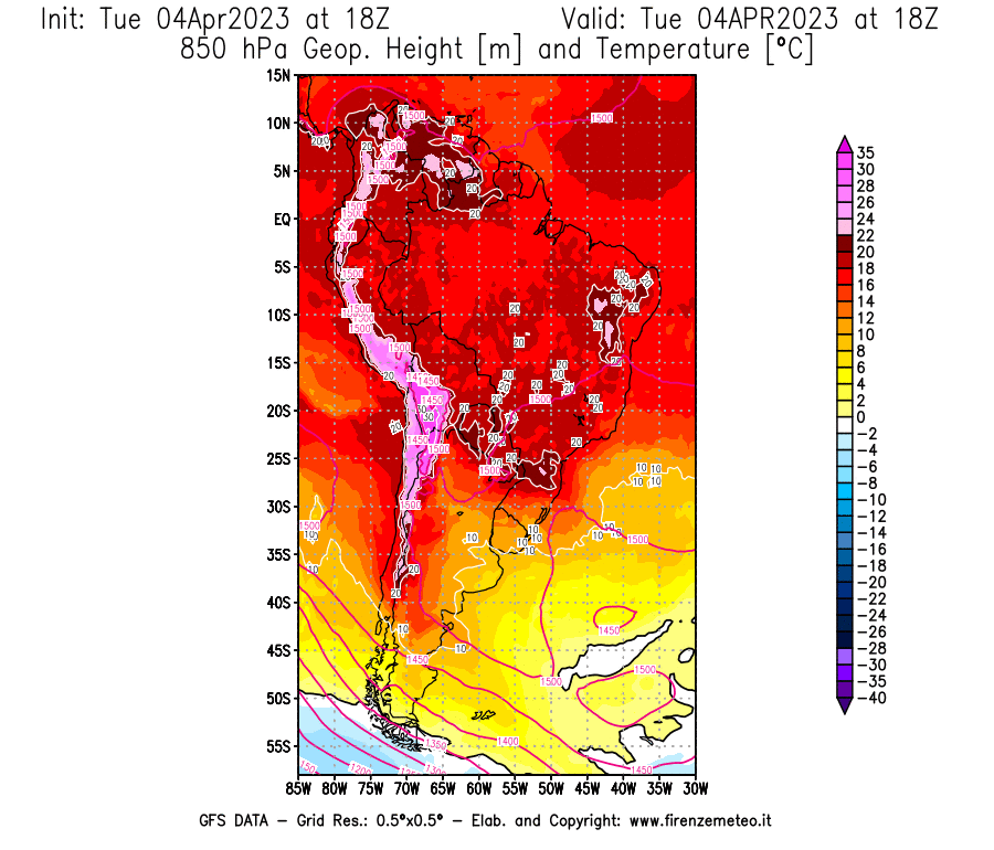 Mappa di analisi GFS - Geopotenziale [m] e Temperatura [°C] a 850 hPa in Sud-America
							del 04/04/2023 18 <!--googleoff: index-->UTC<!--googleon: index-->
