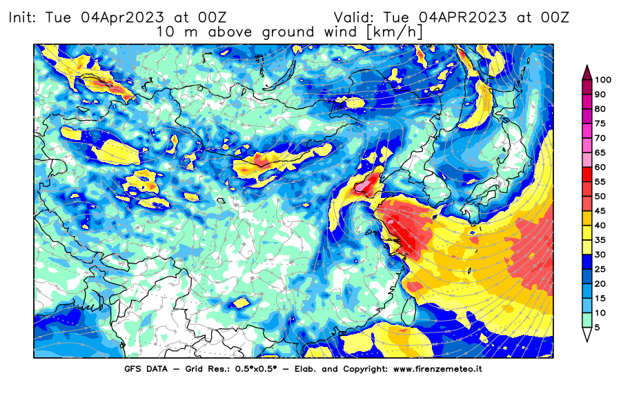 Mappa di analisi GFS - Velocità del vento a 10 metri dal suolo [km/h] in Asia Orientale
							del 04/04/2023 00 <!--googleoff: index-->UTC<!--googleon: index-->