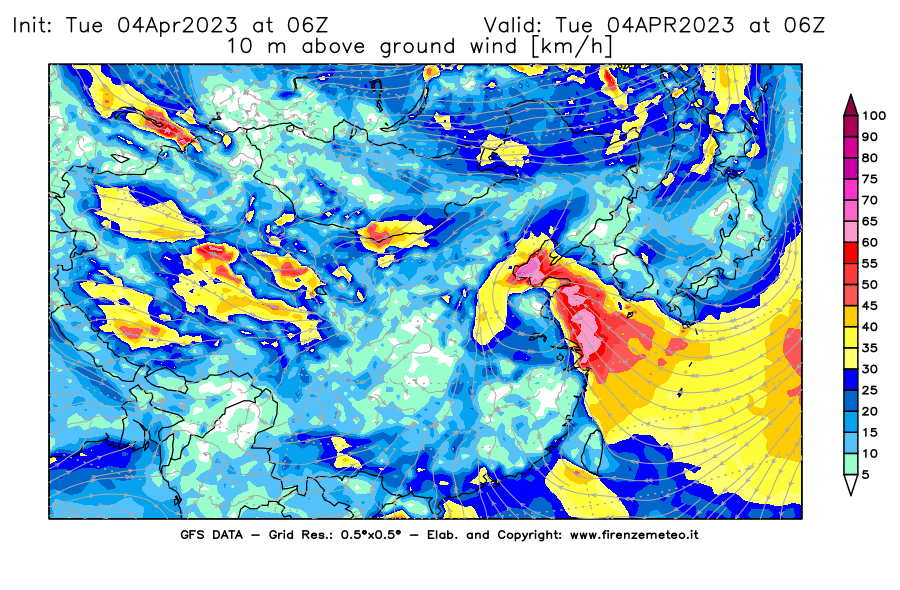 Mappa di analisi GFS - Velocità del vento a 10 metri dal suolo [km/h] in Asia Orientale
							del 04/04/2023 06 <!--googleoff: index-->UTC<!--googleon: index-->