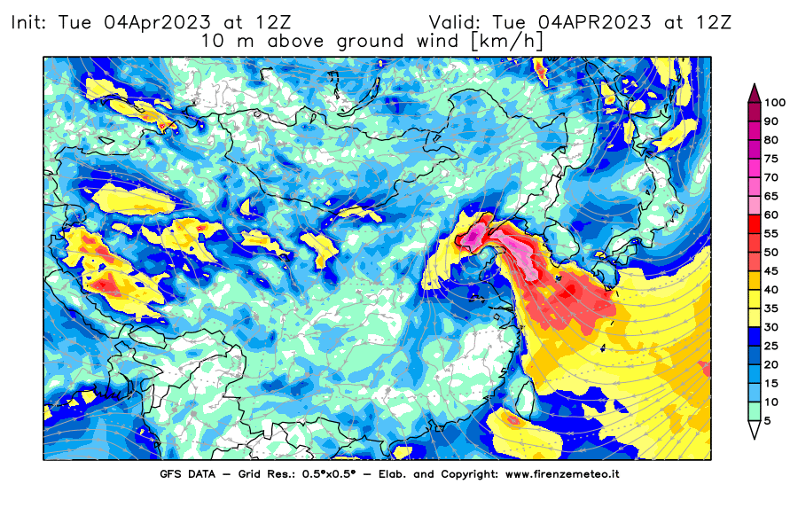 Mappa di analisi GFS - Velocità del vento a 10 metri dal suolo [km/h] in Asia Orientale
							del 04/04/2023 12 <!--googleoff: index-->UTC<!--googleon: index-->