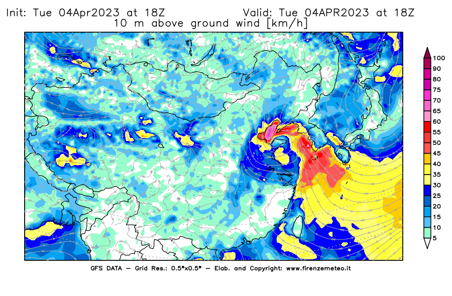 GFS analysi map - Wind Speed at 10 m above ground [km/h] in East Asia
									on 04/04/2023 18 <!--googleoff: index-->UTC<!--googleon: index-->