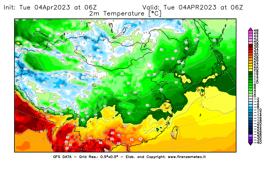 GFS analysi map - Temperature at 2 m above ground [°C] in East Asia
									on 04/04/2023 06 <!--googleoff: index-->UTC<!--googleon: index-->
