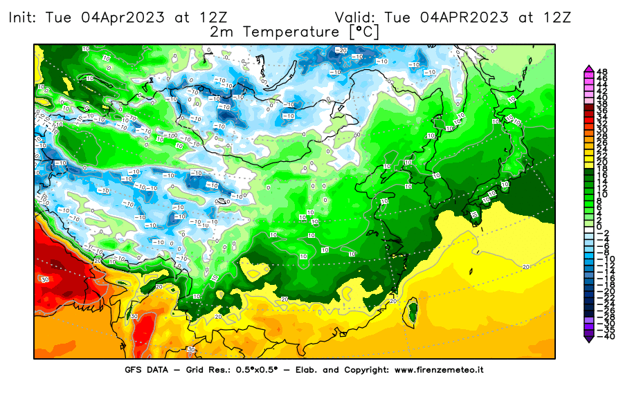 GFS analysi map - Temperature at 2 m above ground [°C] in East Asia
									on 04/04/2023 12 <!--googleoff: index-->UTC<!--googleon: index-->