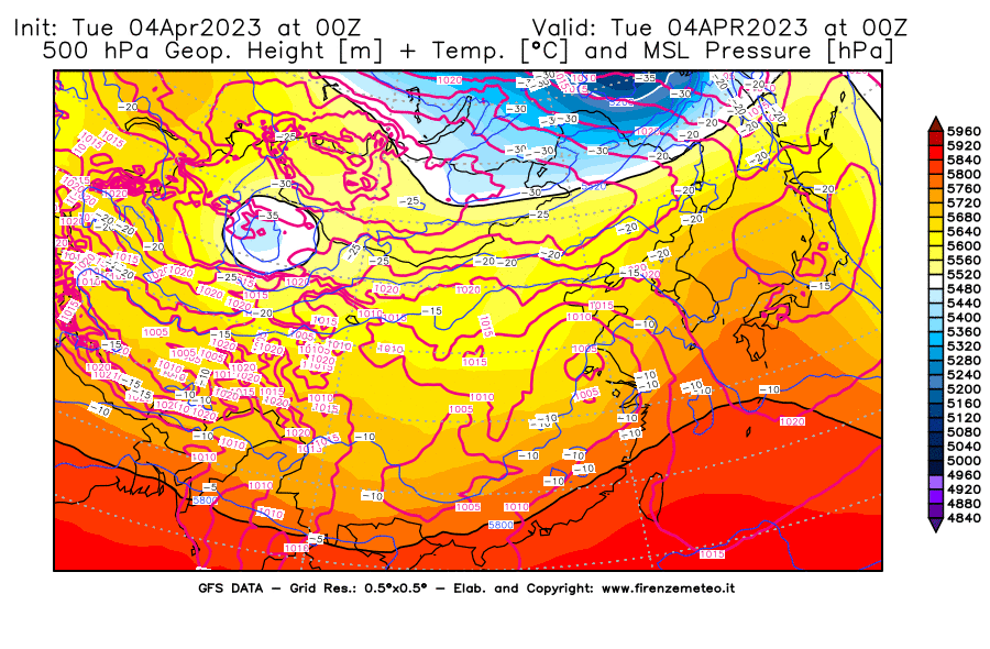 GFS analysi map - Geopotential [m] + Temp. [°C] at 500 hPa + Sea Level Pressure [hPa] in East Asia
									on 04/04/2023 00 <!--googleoff: index-->UTC<!--googleon: index-->